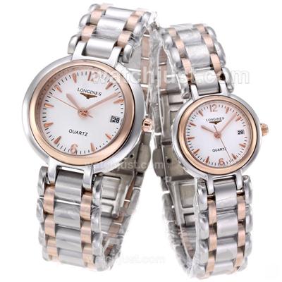 Longines PrimaLuna Two Tone Stick Markers with White Dial-Couple Watch