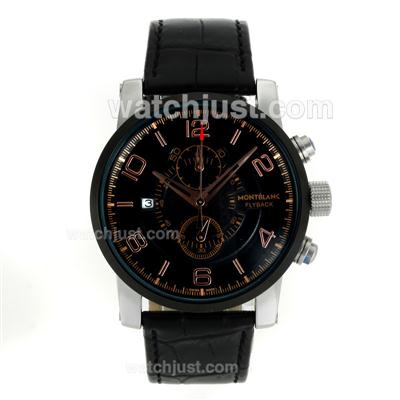 Montblanc Flyback Working Chronograph Black Bezel Rose Gold Markers with Black Dial-Leather Strap