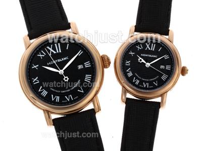 Montblanc Star Rose Gold Case Black Dial with Leather Strap-Couple Watch