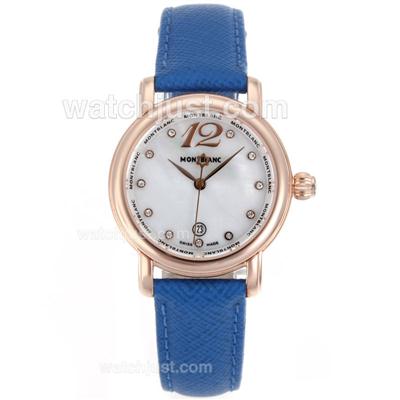 Montblanc Star Rose Gold Case Diamond Markers MOP Dial with Blue Leather Strap-Lady Size