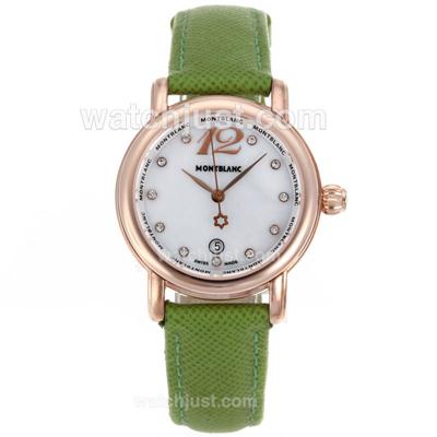 Montblanc Star Rose Gold Case Diamond Markers MOP Dial with Green Leather Strap-Lady Size