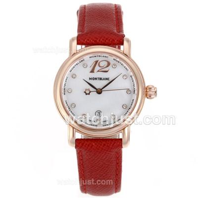 Montblanc Star Rose Gold Case Diamond Markers MOP Dial with Red Leather Strap-Lady Size