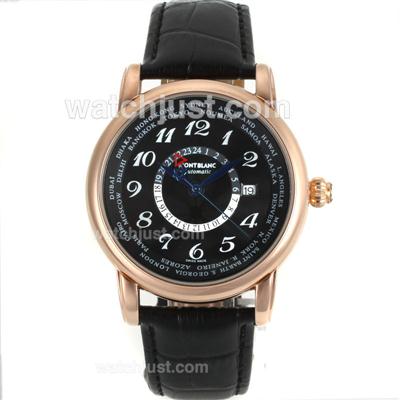 Montblanc Star Working GMT Automatic Rose Gold Case Number Markers with Black Dial-Leather Strap