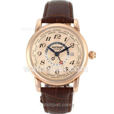 Montblanc Star Working GMT Automatic Rose Gold Case Number Markers with Champagne Dial-Leather Strap