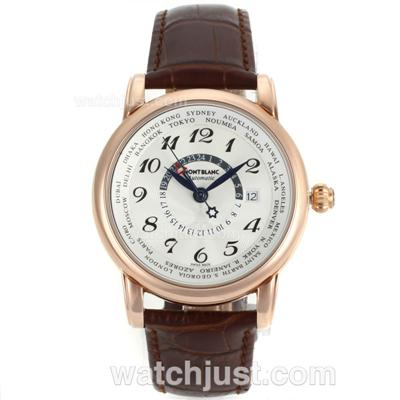 Montblanc Star Working GMT Automatic Rose Gold Case Number Markers with White Dial-Leather Strap