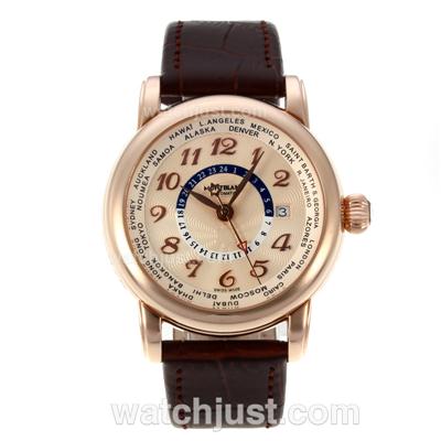 Montblanc Star Working GMT Automatic Rose Gold Case with Champagne Dial-Leather Strap