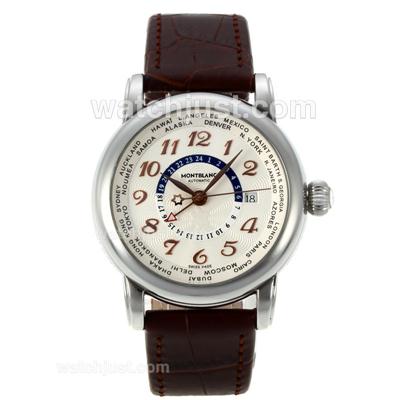 Montblanc Star Working GMT Automatic with White Dial Rose Gold Markers-Leather Strap