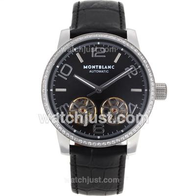 Montblanc Time Walker Double Tourbillons Automatic Diamond Bezel with Black Dial-Leather Strap