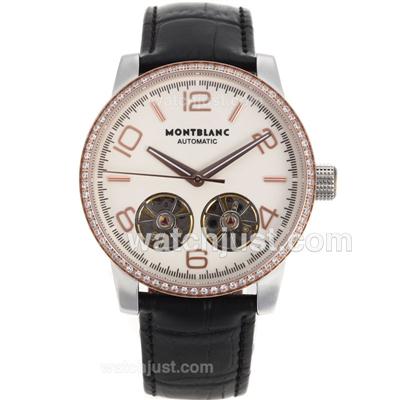 Montblanc Time Walker Double Tourbillons Automatic Two Tone Case Diamond Bezel with Champagne Dial-Leather Strap