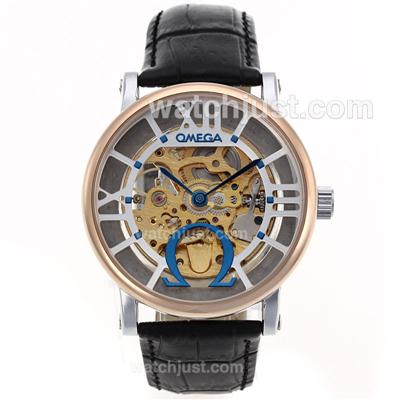 Omega Classic Automatic Two Tone Case with Skeleton Dial-Leather Strap