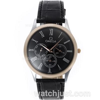 Omega Classic Chronograph Two Tone Case with Black Dial-Leather Strap