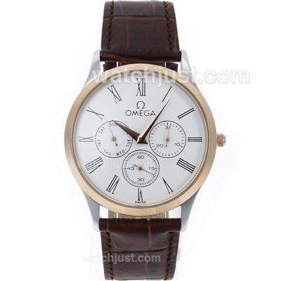 Omega Classic Chronograph Two Tone Case with White Dial-Leather Strap