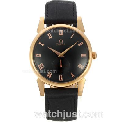 Omega Classic Gold Case Roman Markers with Black Dial-Leather Strap