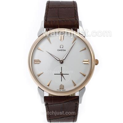 Omega Classic Manual Winding Two Tone Case with White Dial-Leather Strap