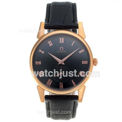 Omega Classic Rose Case Roman Markers with Black Dial-Leather Strap