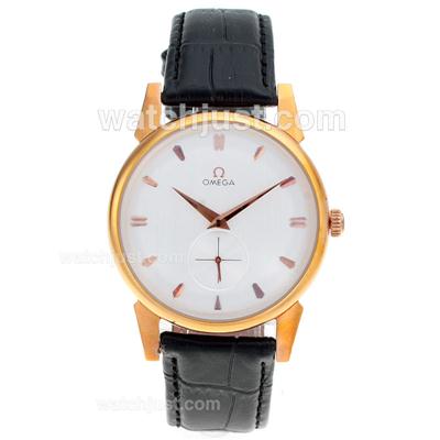 Omega Classic Rose Gold Case with White Dial-Leather Strap