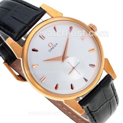 Omega Classic Rose Gold Case with White Dial-Leather Strap
