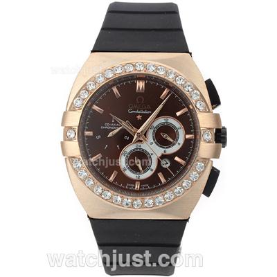 Omega Constellation Automatic Rose Case Diamond Bezel with Brown Dial-Rubber Strap