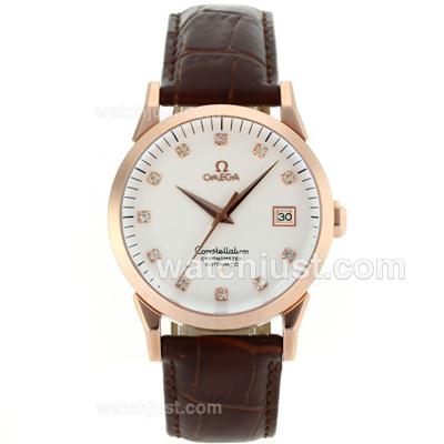 Omega Constellation Automatic Rose Gold Case Diamond Markers with White Dial-Brown Leather Strap