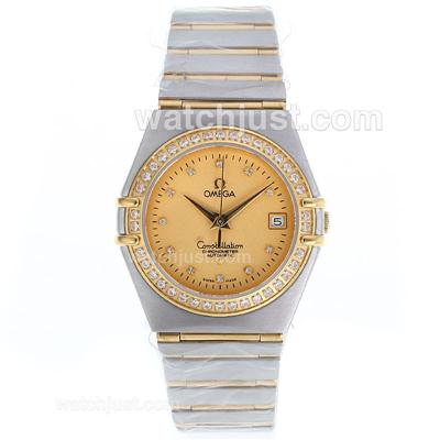 Omega Constellation Automatic Two Tone Diamond Bezel and Markers with Golden Dial-18K Plated Gold Movement