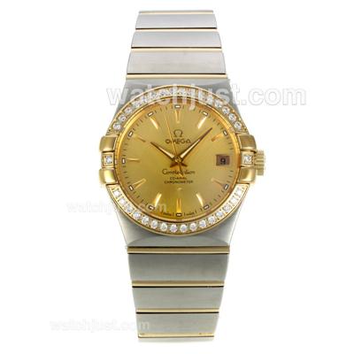 Omega Constellation Automatic Two Tone Diamond Bezel with Golden Dial-18K Plated Gold Movement
