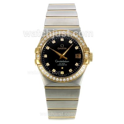 Omega Constellation Automatic Two Tone Diamond Bezel/Markers with Black Dial-18K Plated Gold Movement