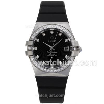 Omega Constellation Diamond Markers and Bezel with Black Dial-Black Rubber Strap