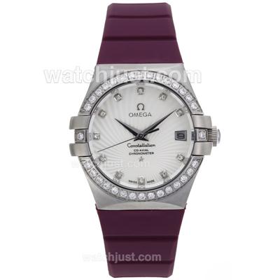 Omega Constellation Diamond Markers and Bezel with White Dial-Purple Rubber Strap