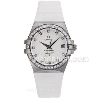 Omega Constellation Diamond Markers and Bezel with White Dial-White Rubber Strap