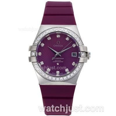 Omega Constellation Diamond Markers with Purple Dial-Purple Rubber Strap