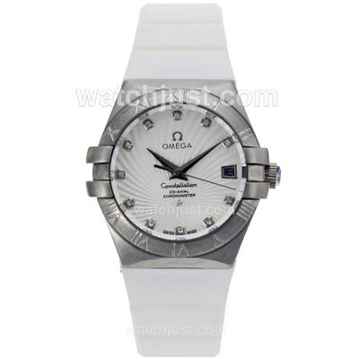 Omega Constellation Diamond Markers with White Dial-White Rubber Strap