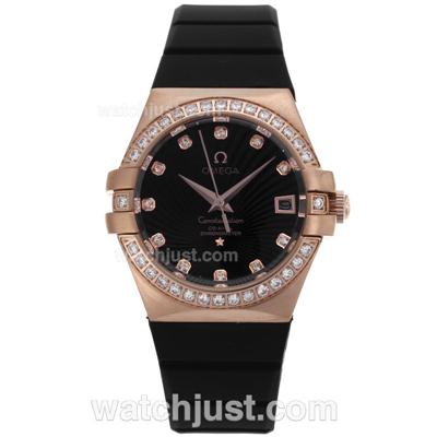 Omega Constellation Rose Gold Case Diamond Markers and Bezel with Black Dial-Black Rubber Strap