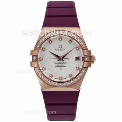 Omega Constellation Rose Gold Case Diamond Markers and Bezel with White Dial-Purple Rubber Strap