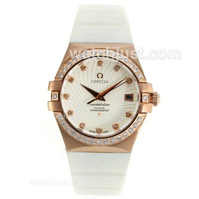 Omega Constellation Rose Gold Case Diamond Markers and Bezel with White Dial-White Rubber Strap