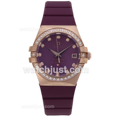 Omega Constellation Rose Gold Case Diamond Markers with Purple Dial-Purple Rubber Strap