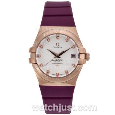 Omega Constellation Rose Gold Case Diamond Markers with White Dial-Purple Rubber Strap