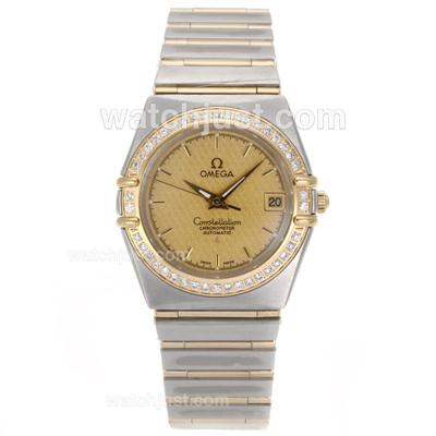 Omega Constellation Swiss ETA 2824 Movement Two Tone Diamond Bezel with Golden Dial-14K Wrapped Gold