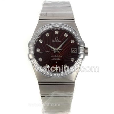 Omega Constellation Swiss ETA 2836 Movement Diamond Bezel and Markers with Brown Dial-Sapphire Glass S/S