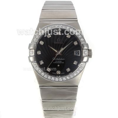 Omega Constellation Swiss ETA 2836 Movement Diamond Bezel Diamond Markers with Black Dial-Sapphire Glass S/S