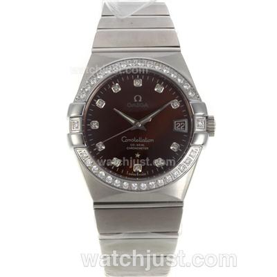 Omega Constellation Swiss ETA 2836 Movement Diamond Bezel Diamond Markers with Brown Dial-Sapphire Glass S/S