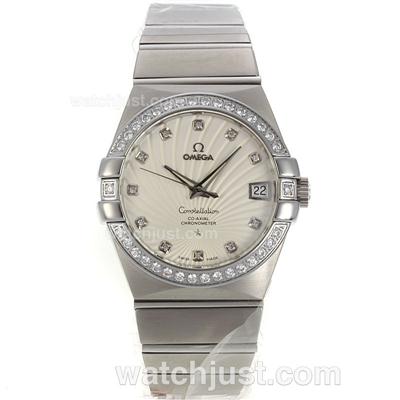 Omega Constellation Swiss ETA 2836 Movement Diamond Bezel Diamond Markers with White Dial-Sapphire Glass S/S