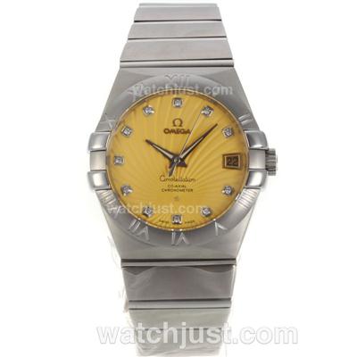 Omega Constellation Swiss ETA 2836 Movement Diamond Markers with Yellow Dial-Sapphire Glass S/S