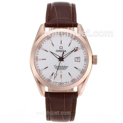 Omega Constellation Swiss ETA 2836 Movement Rose Gold Case with White Dial-Leather Strap