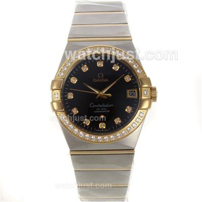 Omega Constellation Swiss ETA 2836 Movement Two Tone Diamond Bezel Diamond Markers with Black Dial-Sapphire Glass