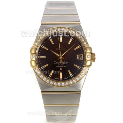 Omega Constellation Swiss ETA 2836 Movement Two Tone Diamond Bezel Stick Markers with Brown Dial-Sapphire Glass