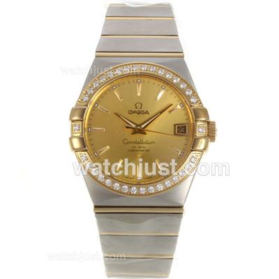 Omega Constellation Swiss ETA 2836 Movement Two Tone Diamond Bezel Stick Markers with Golden Dial-Sapphire Glass