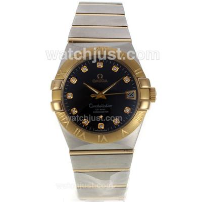 Omega Constellation Swiss ETA 2836 Movement Two Tone Diamond Markers Golden Bezel with Black Dial-Sapphire Glass