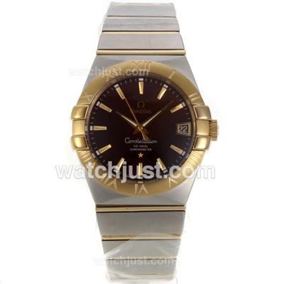 Omega Constellation Swiss ETA 2836 Movement Two Tone Stick Markers with Brown Dial-Sapphire Glass