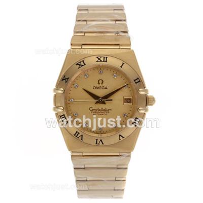 Omega Constellation Swiss ETA Movement Full Gold Diamond Markers with Golden Dial
