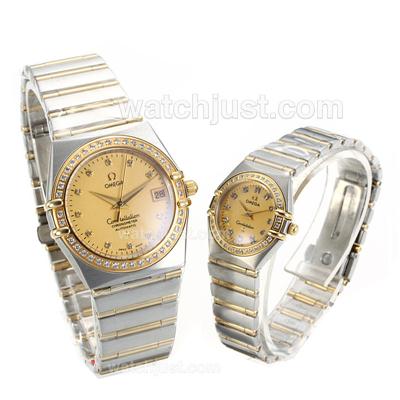 Omega Constellation Swiss ETA Movement Two Tone Diamond Bezel and Markers with Golden Dial-Couple Watch
